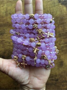 Gold Cross Charm Lavender Beaded Stretch Bracelet